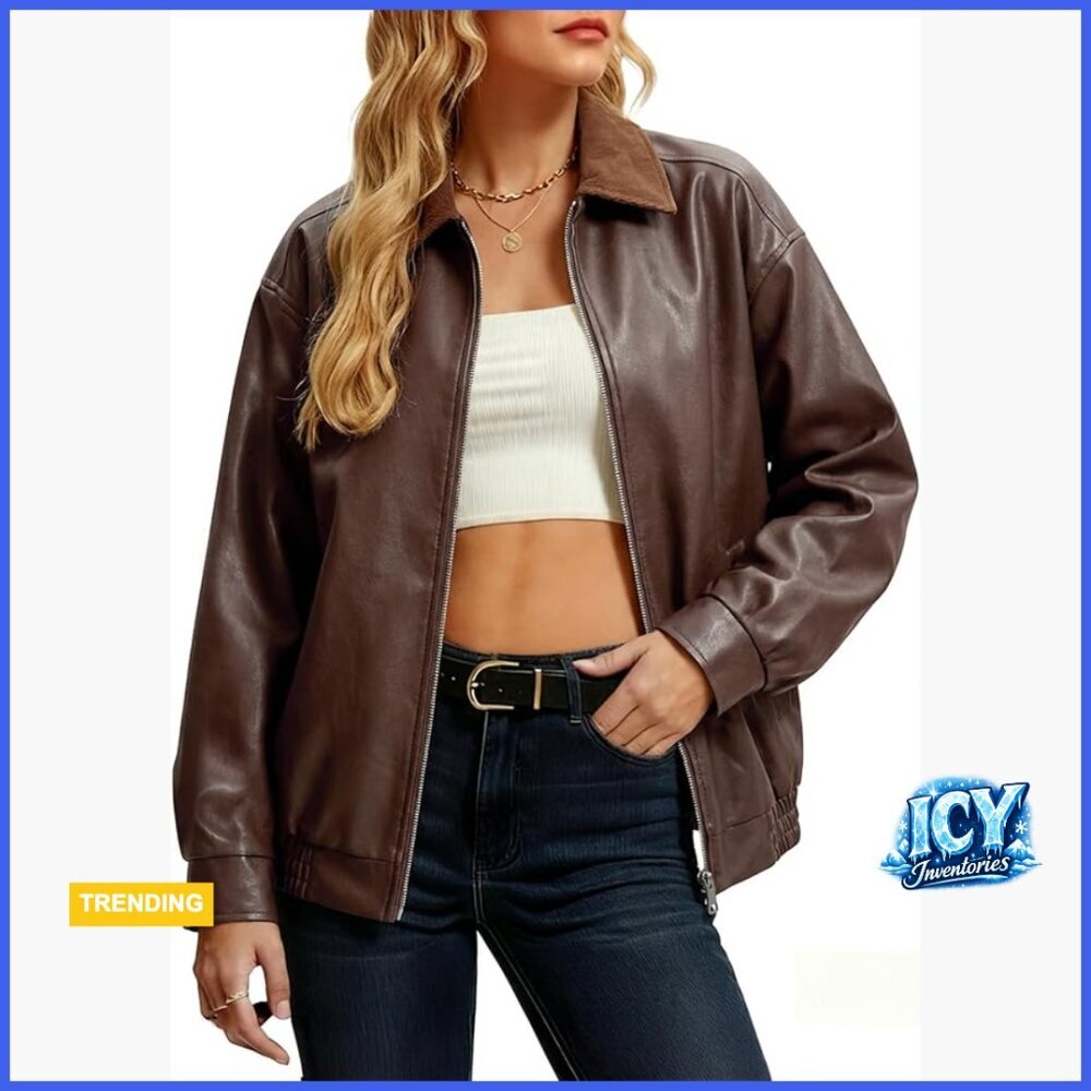 Faux Leather Oversized Bomber Jacket Motorcycle Style Zip Up